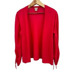 Chico's Ruched-Sleeve Cardigan Size 0 4 Vibrant Berry Red 3/4 Sleeve Open Front